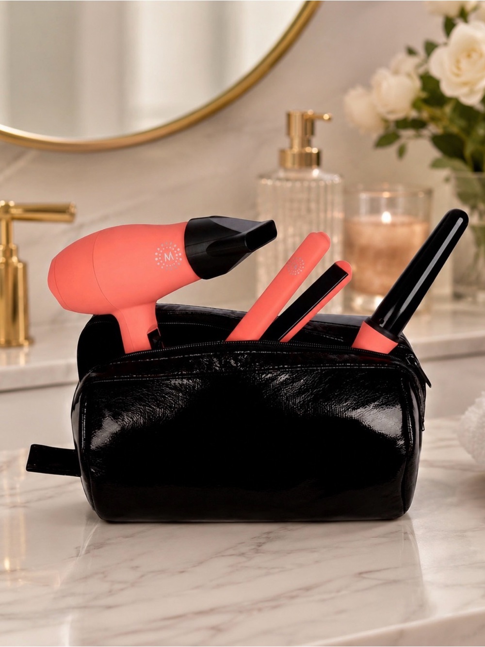Malina Travel Hair Styling Kit Mini Hot Tools Set Neon Peach TSA Approved NWT